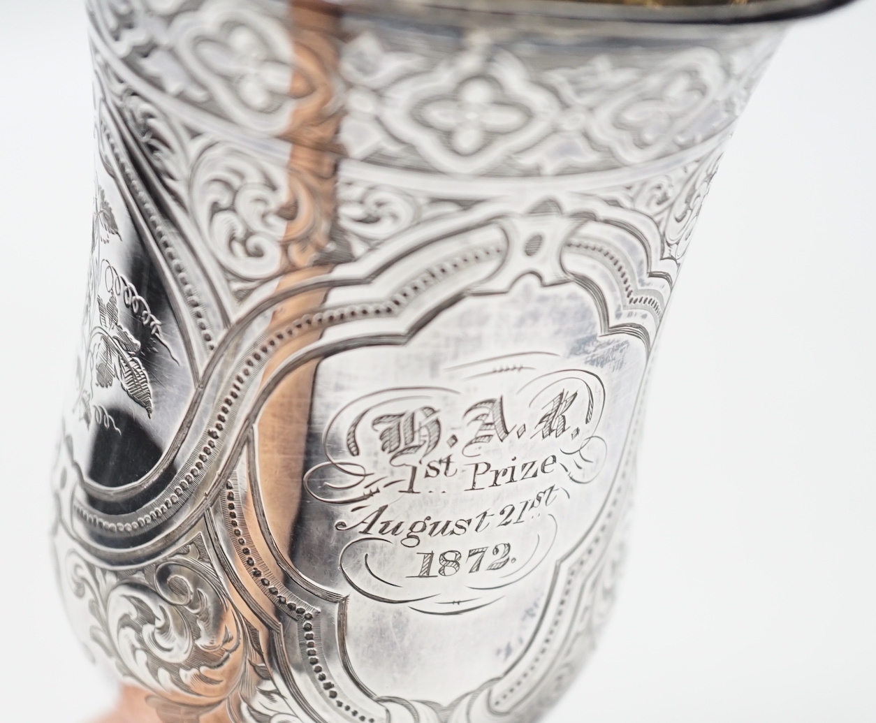 A Victorian silver engraved presentation trophy cup, IH, Sheffield, 1860, 19.1cm, 8.4oz.